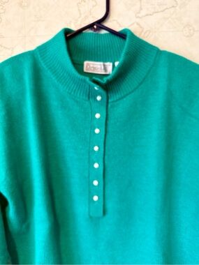 Classic Teal Button-Placket Turtleneck Sweater